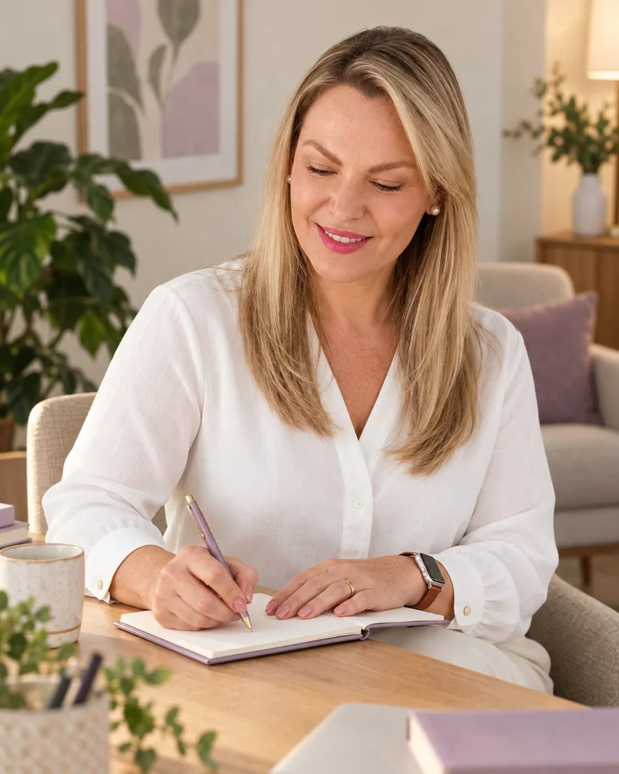 Sheila escrevendo em um caderno à mesa