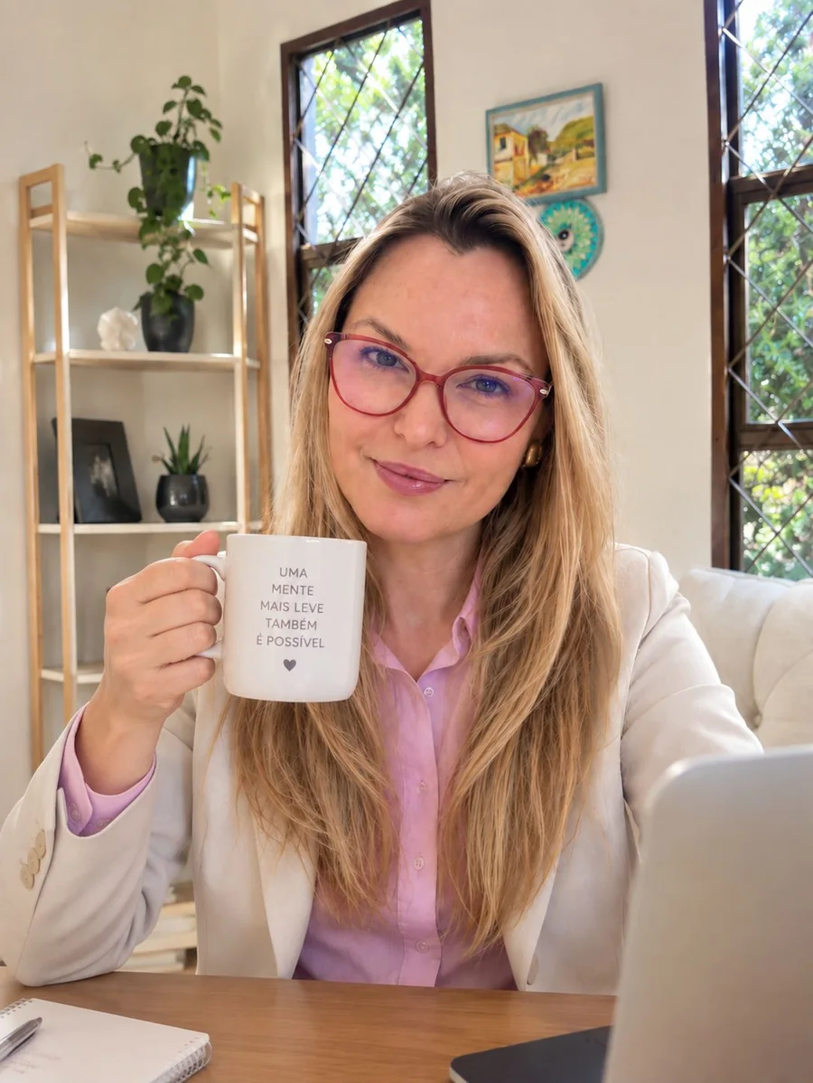Retrato de Sheila em ambiente de trabalho, usando óculos e segurando uma xícara